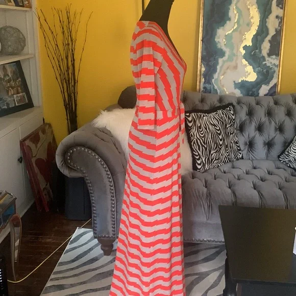 Orange and tan maxi faux wrap dress with v neck - Picture 6 of 6